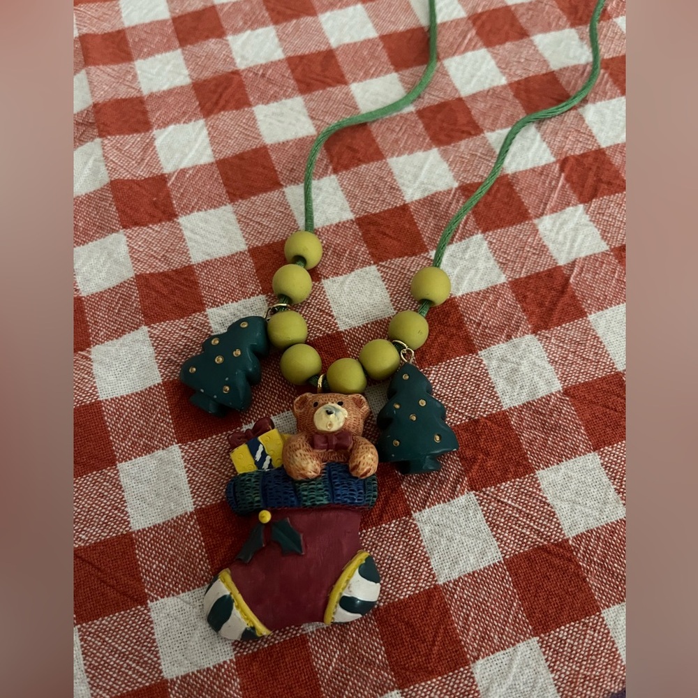 vintage charm christmas bear in stocking with trees beaded necklace